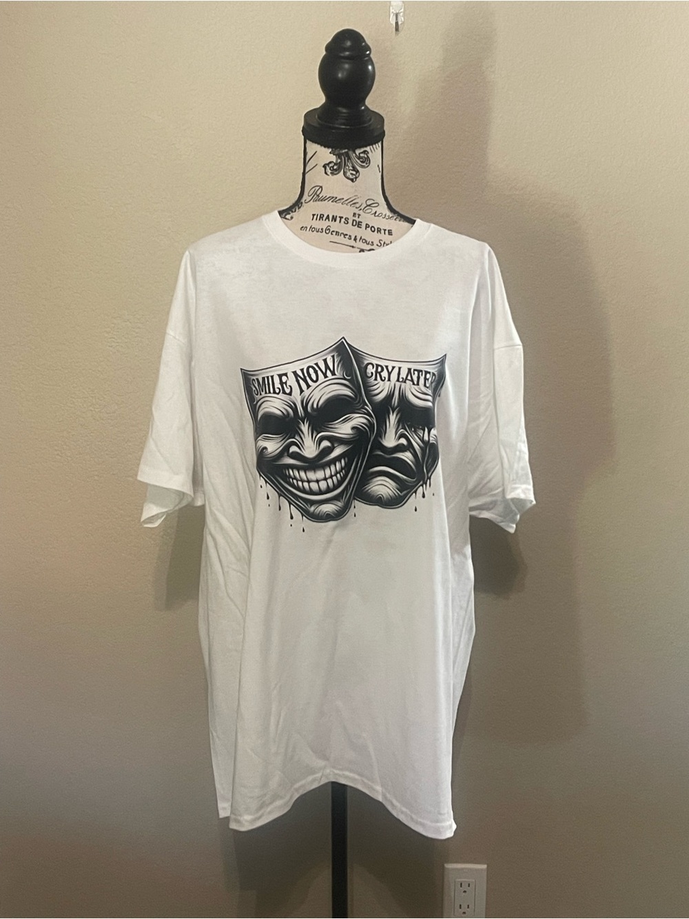 Hanes White Short Sleeve Tee with Black Comedy & Tragedy Mask Graphic
